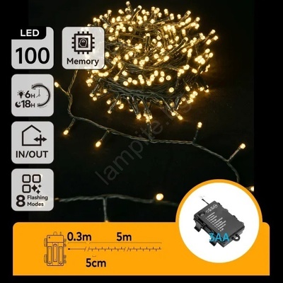 Aigostar - LED външен гирлянд, 100 LED / 8 функции, 3xAA, 5, 3 m, IP44, топла бяла светлина (AI2330)
