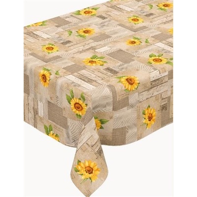 Ubrus PVC 163A slunečnice na dřevěném hnědém obkladu metráž, 20 m x 140 cm, IMPOL TRADE – Zboží Dáma