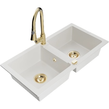 Mexen Mario гранитна мивка с 2 корита и кухненски смесител Elia, бял - 6504-20-670101-50 (6504-20-670101-50)