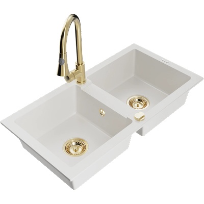 Mexen Mario гранитна мивка с 2 корита и кухненски смесител Elia, бял - 6504-20-670101-50 (6504-20-670101-50)