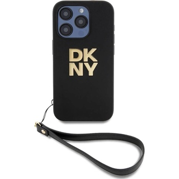 Image 1 of DKNY Stack Logo Wrist Strap Leather Hard Case - дизайнерски кожен кейс с връзка за носене за iPhone 15 Pro Max (черен)