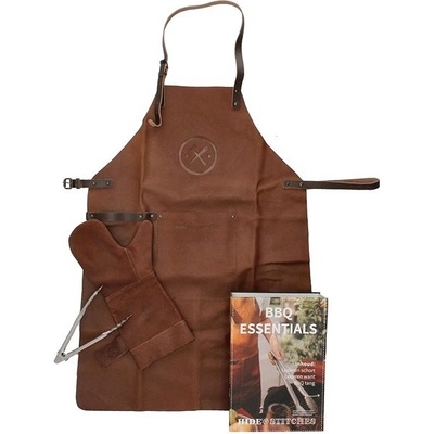 Hide & stitches Kožená zástěra na grilování v dárkovém balení s rukavicí hnědá