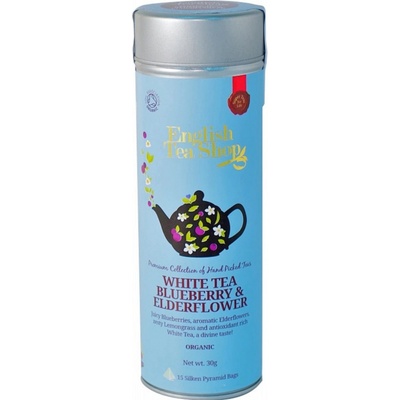 English Tea Shop Bio Biely čaj čučoriedka a bazový kvet 15 kusov biologicky odbúrateľných pyramidek čaju v recyklovateľné plechovej dóze 30 g