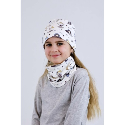 KocourMourek SET Čepice + Nákrčník VÍLY a JEDNOROŽCI na smetanové