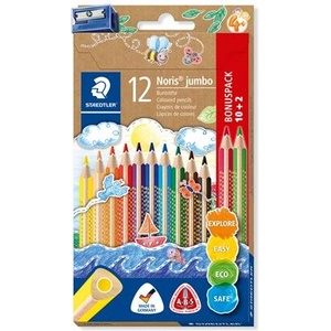 STAEDTLER Комплект цветни моливи, триъгълни, дебели, с острилка, STAEDTLER "Noris Jumbo 128", 10+2 различни цвята 128 NC12P1 (128 NC12P1)