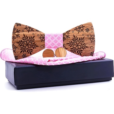 HARAHU Дървен папионка с кърпичка и маншетни копчета - Кафяво / Розово kp30460 (30460)