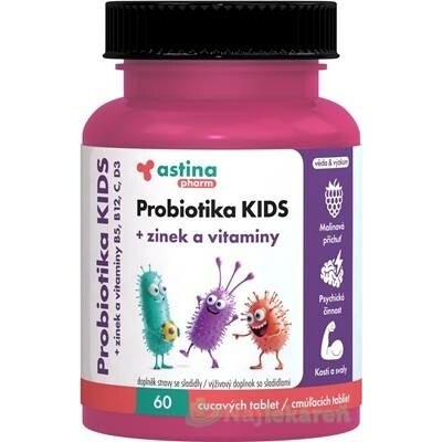 Astina Pharm Probiotika KIDS cucavé tablety malina se zinkem a vitamíny 60 ks