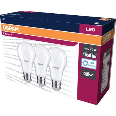 Osram 3PAK LED žiarovka E27 A60 10W 75W 1055lm 6500K Cold 200° Value