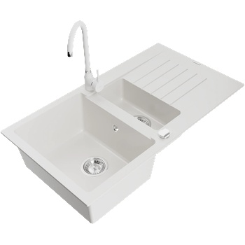 Mexen Matias гранитна мивка 1, 5-камерна с отцедник и кухненски смесител Telma, бял - 6502-20-670200-20 (6502-20-670200-20)