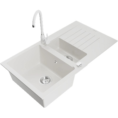 Mexen Matias гранитна мивка 1, 5-камерна с отцедник и кухненски смесител Telma, бял - 6502-20-670200-20 (6502-20-670200-20)