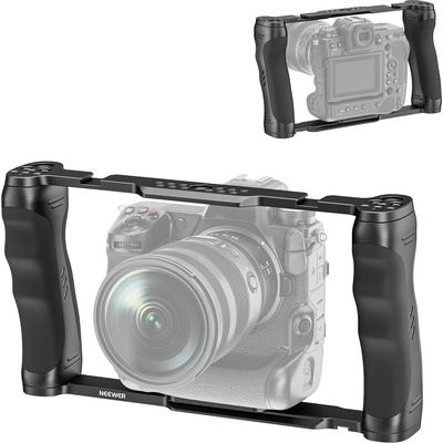 Neewer video camera cage rig with Arca base, double handles, 3/8" ARRI mount & 1/4" thread, cold shoes, universal stabilizer compatible with SmallRig NEEWER base plate 15mm rods, CA016