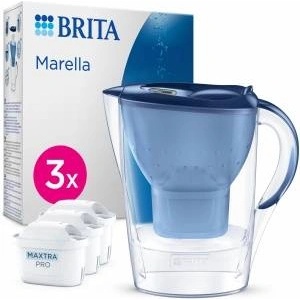 BRITA water filter jug Marella blue (2.4l) incl. 3x MAXTRA PRO Pure Performance cartridge - refrigerator-suitable filter jug with BRITA Memo, folding lid, filters impurities - 1051935 Филтрираща кана