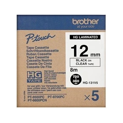 Brother HGe-131, 12mm x 8m, 5ks, čierna tlač / priehľadný podklad, originálná páska