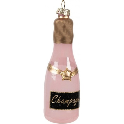 Clayre & Eef Růžová vánoční skleněná ozdoba láhev šampaňské Champagne Ø 4*12 cm
