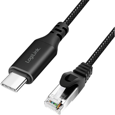 LogiLink USB 3.2 Type-C Ethernet кабел, C/M RJ45/M, 1 Gbps, активен, черен/сив, 2 м