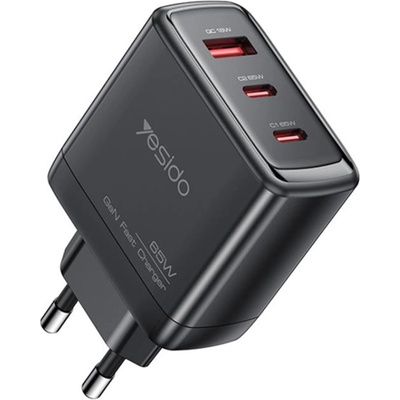 YESIDO Зарядно за стена - Yesido Wall Charger (YC144) - 2× Type-C + USB-A, GaN, 65W, Fast Charge - Черно