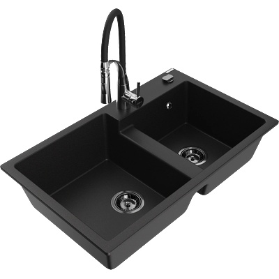 Mexen Tomas гранитна мивка с 2 камери и кухненски смесител Aster, черен - 6516-77-73450-07-B (6516-77-73450-07-B)