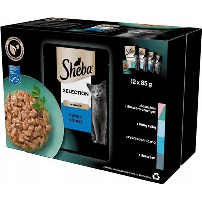 Sheba Selection in Sauce losos a treska tmavá, bílá ryba, mořská ryba, treska obecná 12 x 85 g