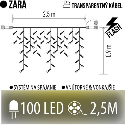 EMOS ZARA spojovateľná LED svetelná záclona vonkajšia FLASH 100LED 2,5M Teplá biela Studená biela transparentný kábel