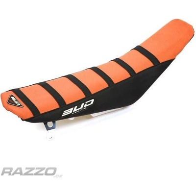 Potah sedla BudRacing Seat Cover FullTraction KTM SX / SXF 16-18 EXC 17-19 OrangeBlack Blk Stripes