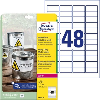 Etikety polyesterové 45,7x21,2mm Avery A4 biele 20 hárkov
