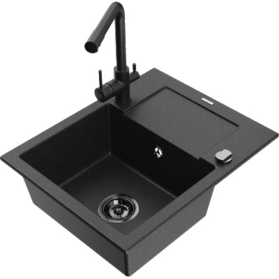 Mexen Enzo гранитна мивка с 1 корито с отцедник и кухненски смесител Duero, черен/сребърен металик - 6506-73-671600-70-B (6506-73-671600-70-B)