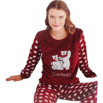 Image 1 of Поларена пижама в цвят бордо с бели мечета и точки