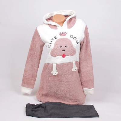 Зимна пижама в цвят капучино и графитено с кученце