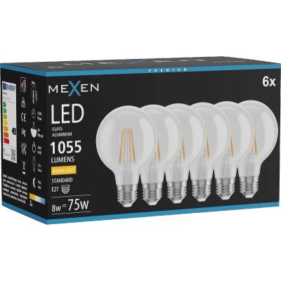 Mexen Vintis 6x LED нажежаема жичка крушка E27, G80, 8W, Топла - 2700K, 1055 lm, прозрачна (L155-E27-0827-00x06)