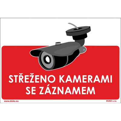 DUKO STŘEŽENO KAMERAMI SE ZÁZNAMEM tabulka červená Formát: 210 x 148 mm, Materiál: plast 3 mm, samolepící vinylová fólie