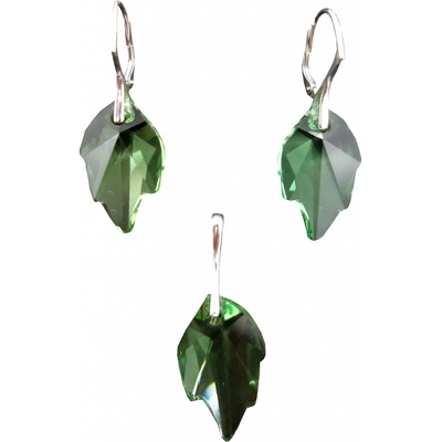 A-B Set of silver jewelry with green Swarovski crystals in a shape of a leaf 20000005