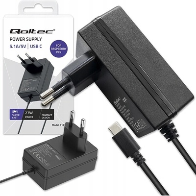 Qoltec Superrychlá PD nabíječka pro Raspberry Pi 5 USB-C 27W 5.1V 5A černá – Sleviste.cz