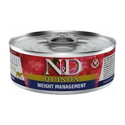 Farmina N&D Quinoa Weight Management - Пълноценна диетична храна, за намаляване на наднормено тегло в консерва за възрастни котки, с агнешко месо, 80 гр