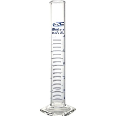 Odměrný válec skleněný, 50 ml, třída B, modrá stupnice, skleněná šestihranná základna