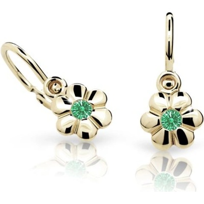 Danfil dětské náušnice kytičky C1736 ze žlutého zlata s kamínkem Emerald Green zapínání brizura