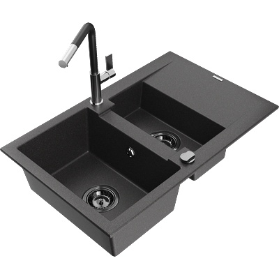 Mexen Gaspar гранитна мивка с 1, 5 камери с отцедник и кухненски смесител Flora, черен напетнан - 6507-76-670401-07-B (6507-76-670401-07-B)
