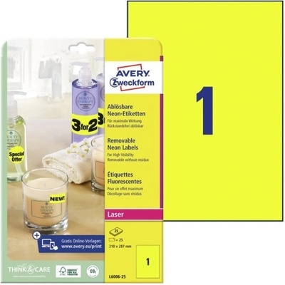Avery Zweckform Neonové etikety pro laser 25 listů A4 žluté 210 x 297 mm snímatelné L6006-25