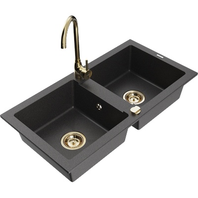 Mexen Mario гранитна мивка с 2 отделения с кухненски смесител Telma, черен на пръски - 6504-76-670200-50 (6504-76-670200-50)