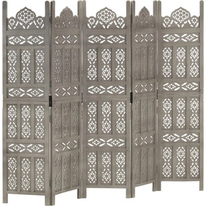 vidaXL Ръчно резбован параван, 5 панела, сив, 200x165 cм, манго масив (285323)