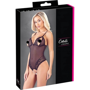 Cottelli Collection - дамско боди с дантела и перли - отворено, черно - M