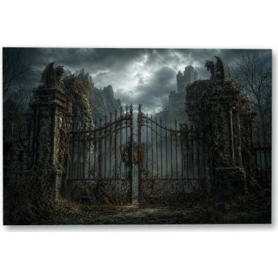 Plakát – Zchátralá kovaná brána v mlze 135 × 90 cm Bez rámu Ne Bez rámu