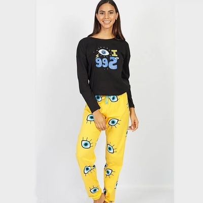 Дамска пижама в черно и жълто с надпис и очи