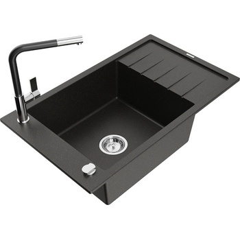 Mexen Elias гранитна мивка с 1 отделение с отцедник и кухненски смесител Flora, черен/златен металик - 6511-75-670401-07 (6511-75-670401-07)