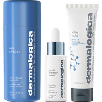 Dermalogica Smooth + Hydrate Set Dermalogica: Daily Milkfoliant ексфолираща ексфолираща пудра 74 g + Active Moist пребиотици хидратиращ крем за лице 50 ml + кръгова хидратация хиалуронова киселина серум за лице 30 ml