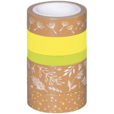Samolepicí dekorační washi páska papírová mix velikostí 5 ks - natur, lístky, zelená