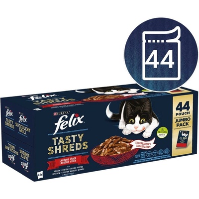 Felix Tasty Shreds hovädzie, kura, kačka, morka v šťave 44 x 80 g