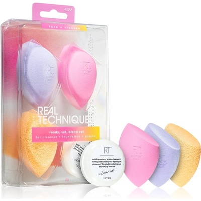 Real Techniques Chroma Miracle Complexion houbička pro aplikaci make-upu 1 ks + Miracle Powder houbička na pudr 1 ks + Miracle Cleansing čisticí houbička 1 ks + čisticí mýdlo pro kosmetické štětce 1 k – Zboží Dáma