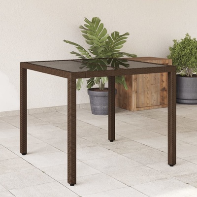 vidaXL Градинска маса със стъклен плот кафява 90x90x75 см полиратан (365587)