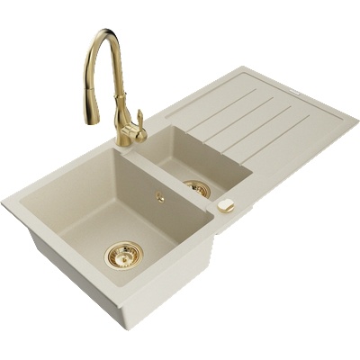 Mexen Andres гранитна мивка 1, 5-коморна с отцедник и кухненски смесител Savita, бежов - 6515-69-672601-50 (6515-69-672601-50)