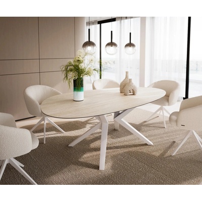 DELIFE Edge oválný 220 x 120 keramika LaminamTravertino Bianco krémově bílý Zenthara hranatý kov bílý